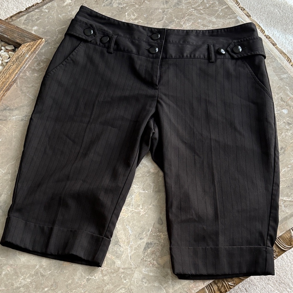Tracy Evans Black Pinstripe Bermuda Shorts with Button Accents